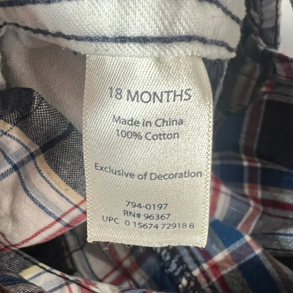 OshKosh Overalls Navy Red Plaid Shortalls Cotton Pockets 18M‎